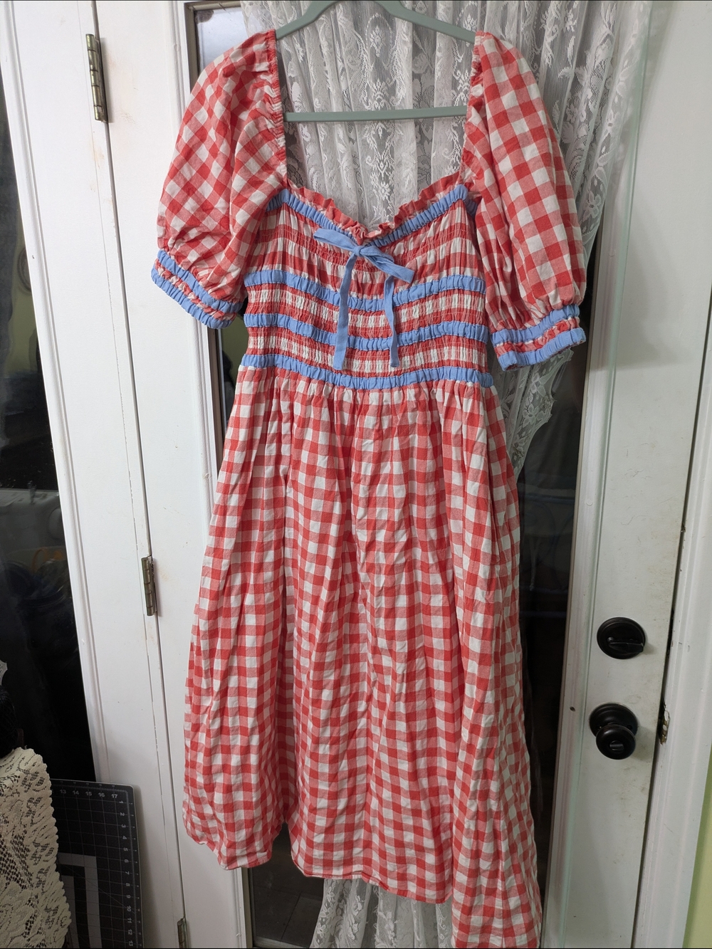 Red Gingham Smocked Midi Dress with Blue Trim